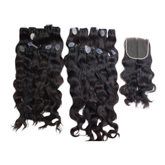 South Indian raw natural wavy hair bundles and matching closure on a white background, Chandra Hair