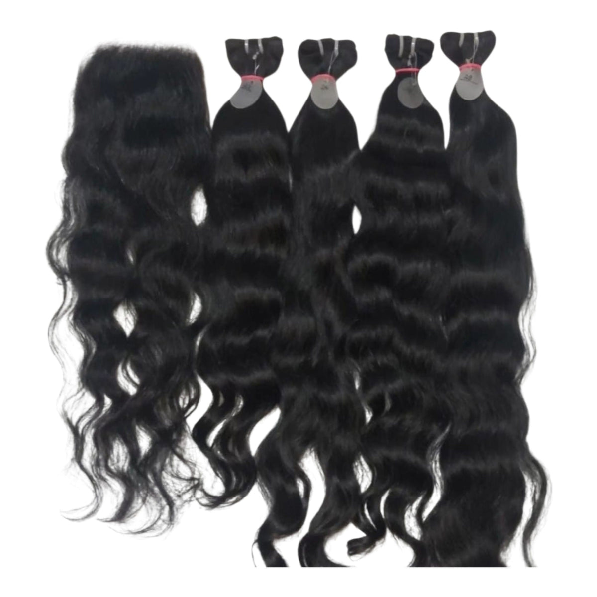 South Indian raw natural wavy hair bundles with matching lace closure on a white background, Chandra Hair