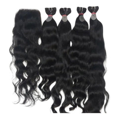South Indian raw natural wavy hair bundles with matching lace closure on a white background, Chandra Hair