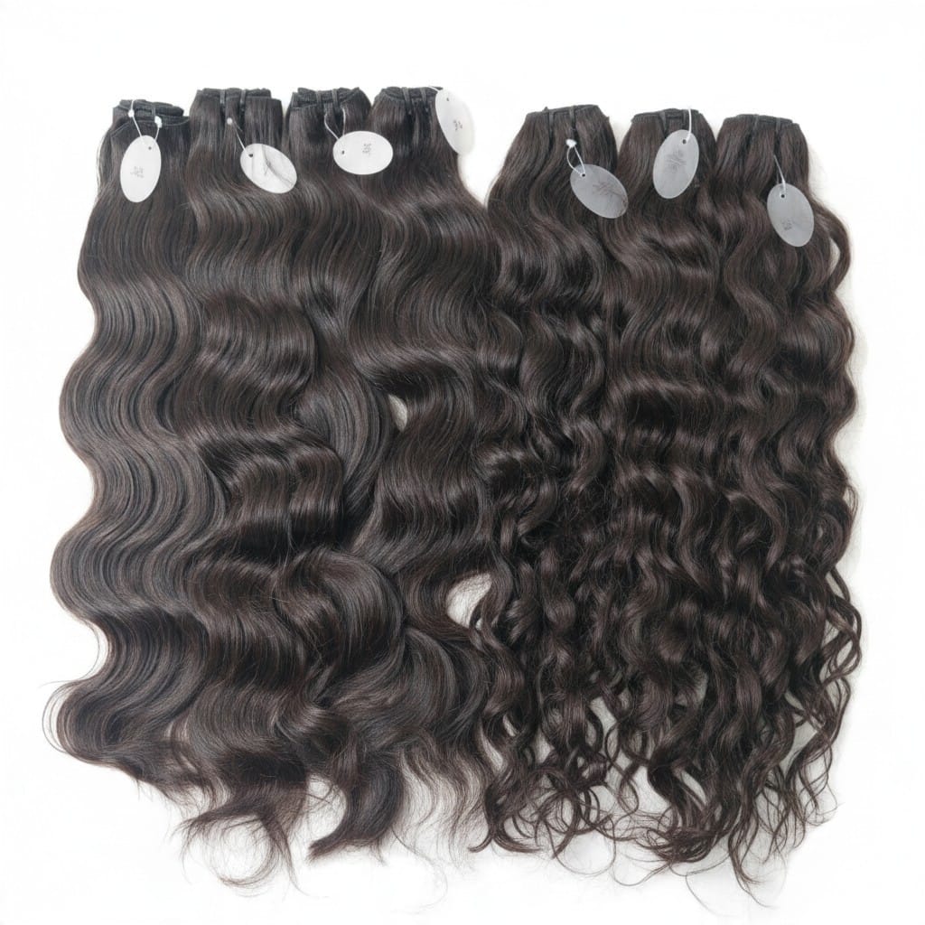 South Indian raw natural wavy and natural curly hair bundles on a clean white background, Chandra Hair
