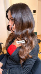 Client wearing 10A double drawn genius weft in a brunette balayage