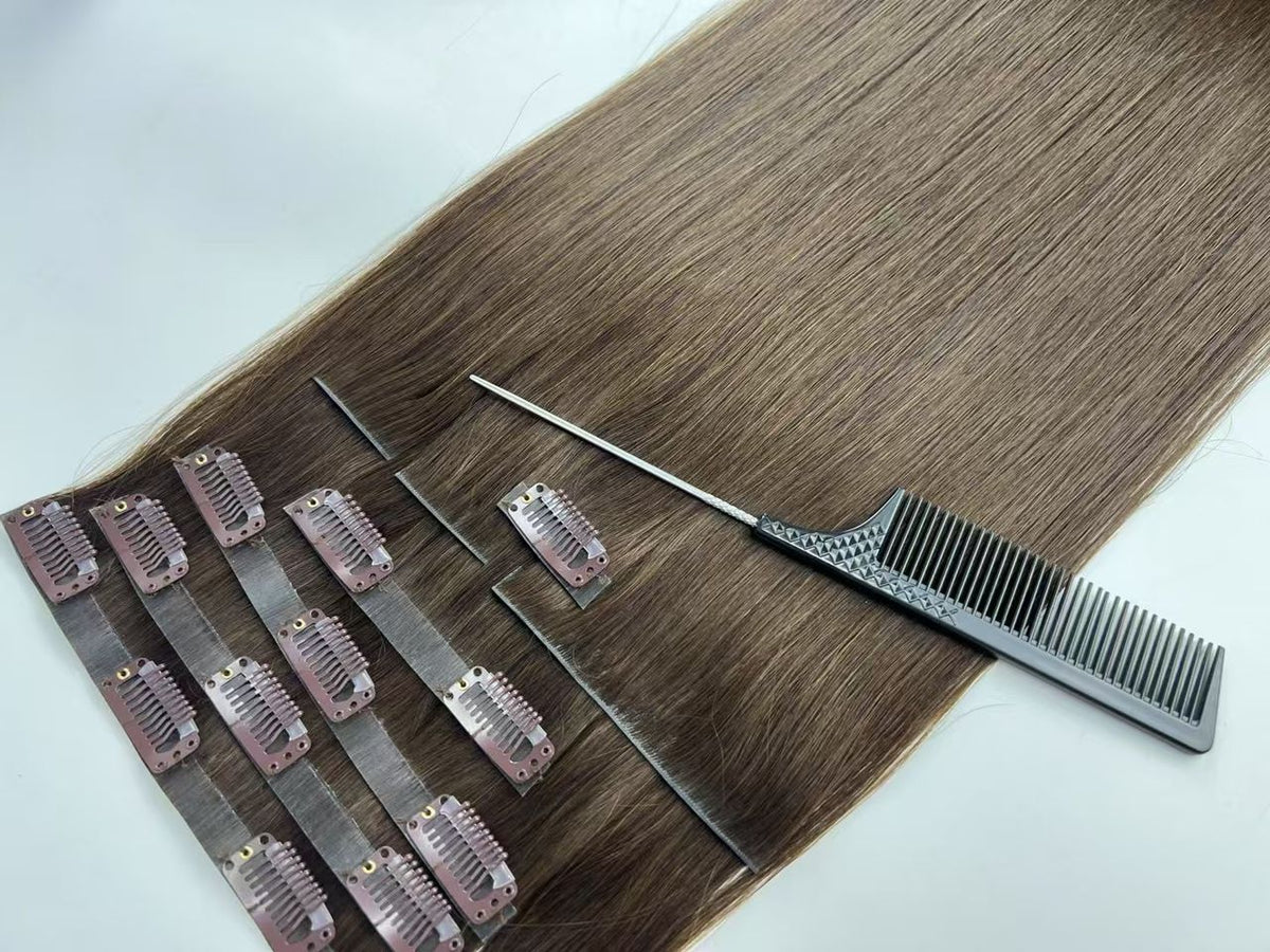 Straight 10A virgin hair clip-in set, another angle