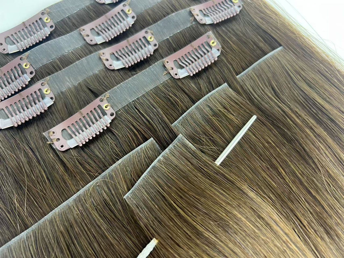 Double drawn straight PU clip-in extensions in 10A virgin hair