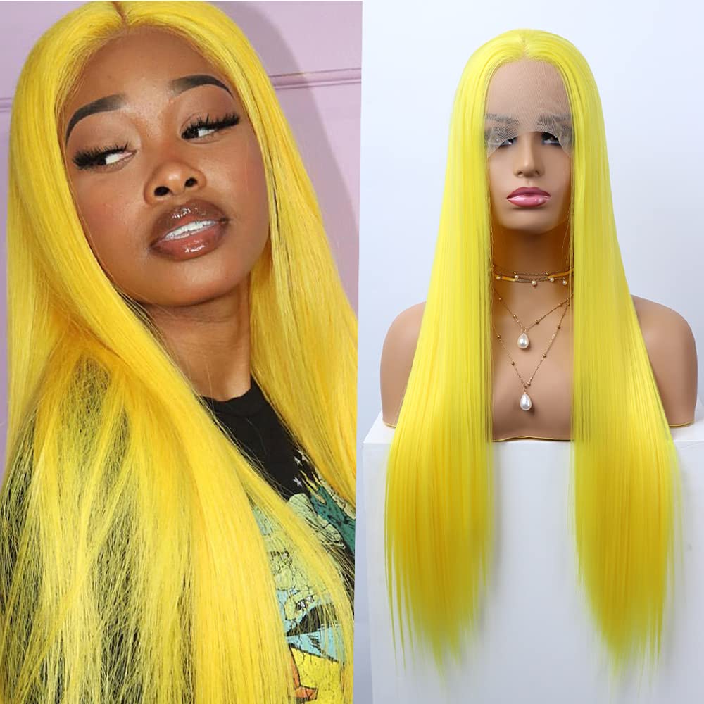 Yellow synthetic lace front wig