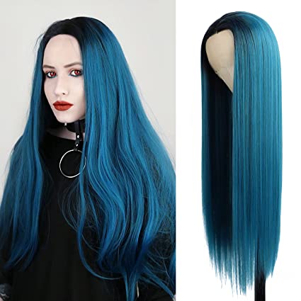 Blue green synthetic lace front wig