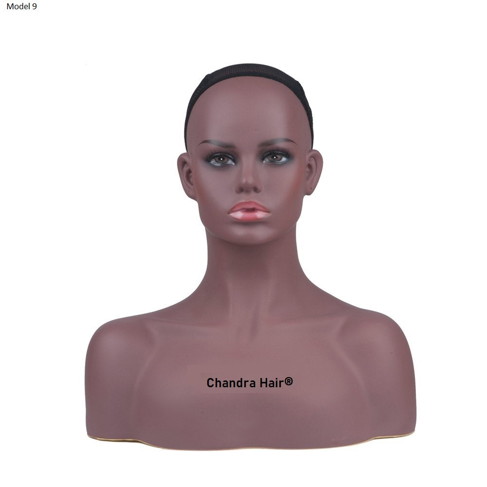 Mannequin head with dark brown skin tone for wig making, view 11
