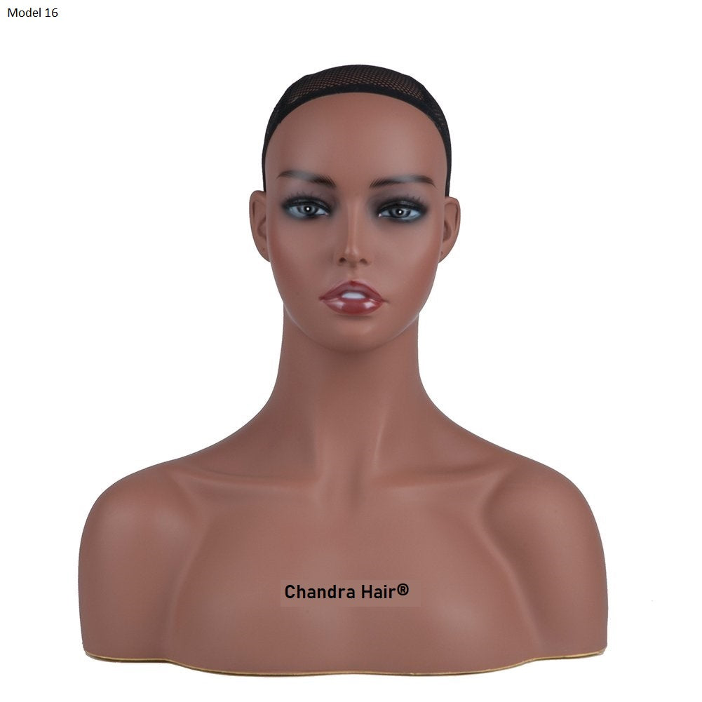 Mannequin head with dark brown skin tone for wig making, view 16