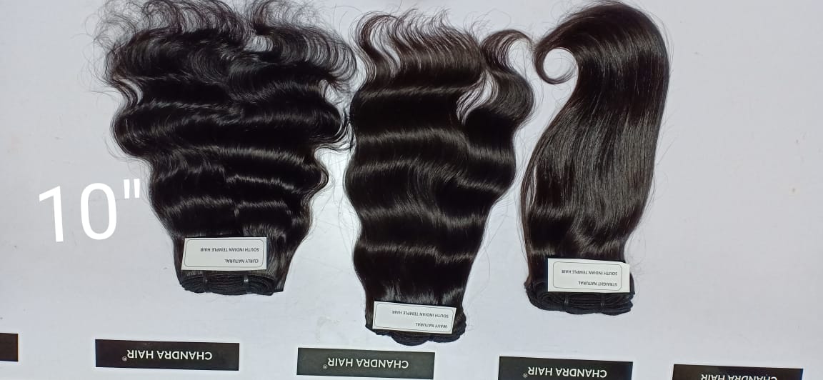 Raw South Indian natural wavy bundles labelled 10 inches, length chart photo