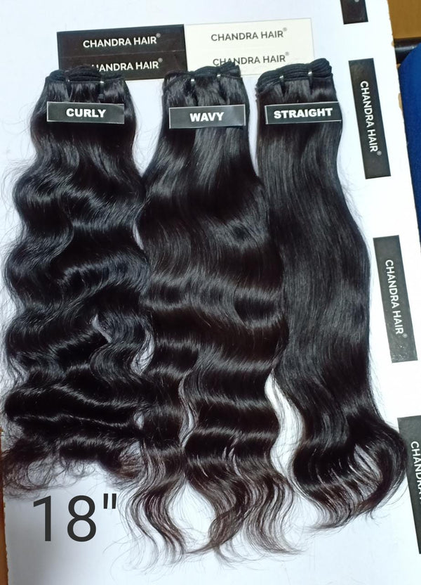 Raw South Indian natural wavy bundles labelled 18 inches, length chart photo