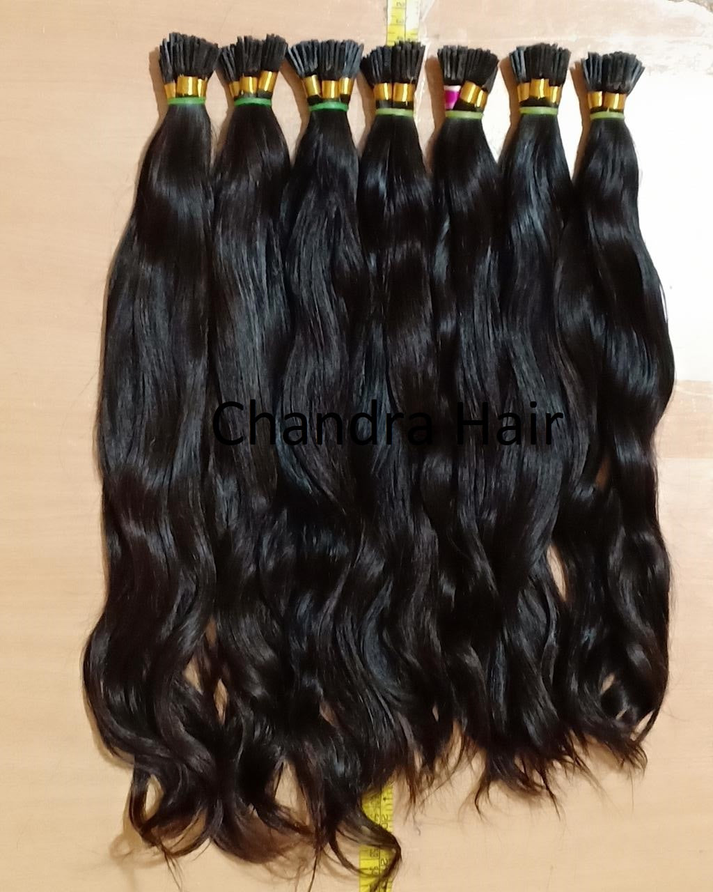 Natural straight single-donor South Indian hair I-tip strands, another angle