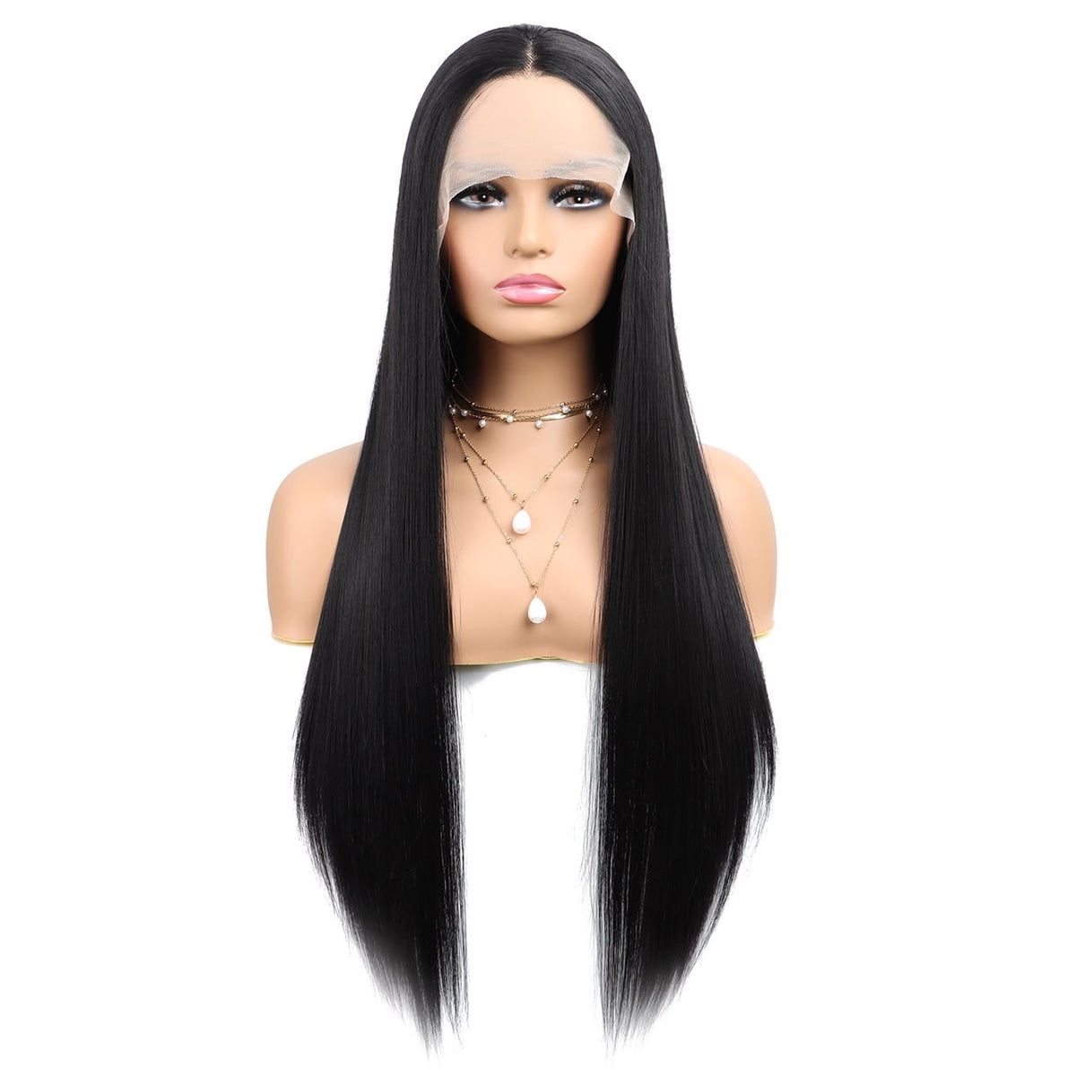 #1B natural black straight synthetic lace front wig