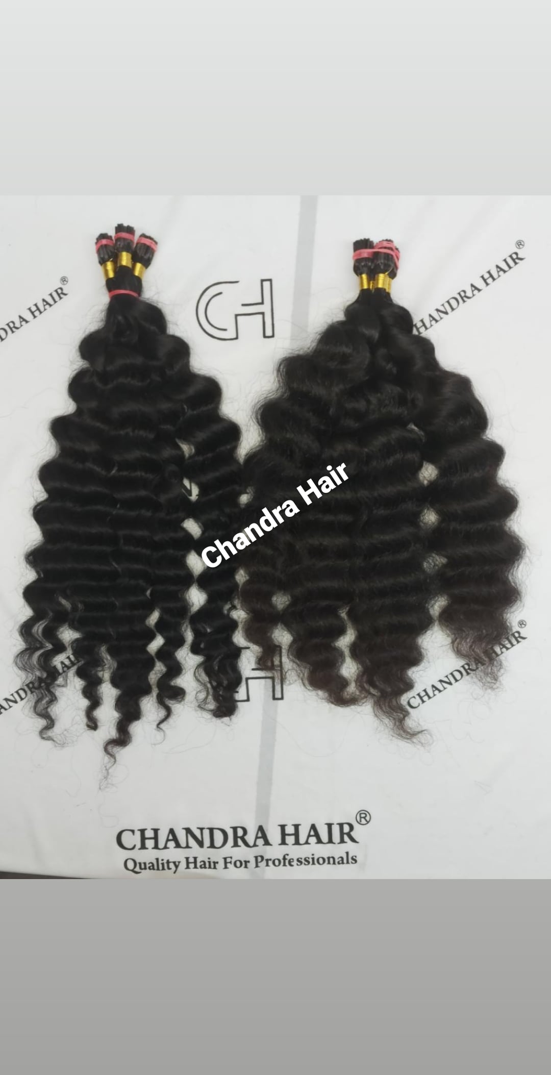 Loose curly single-donor South Indian hair I-tip strands, another angle