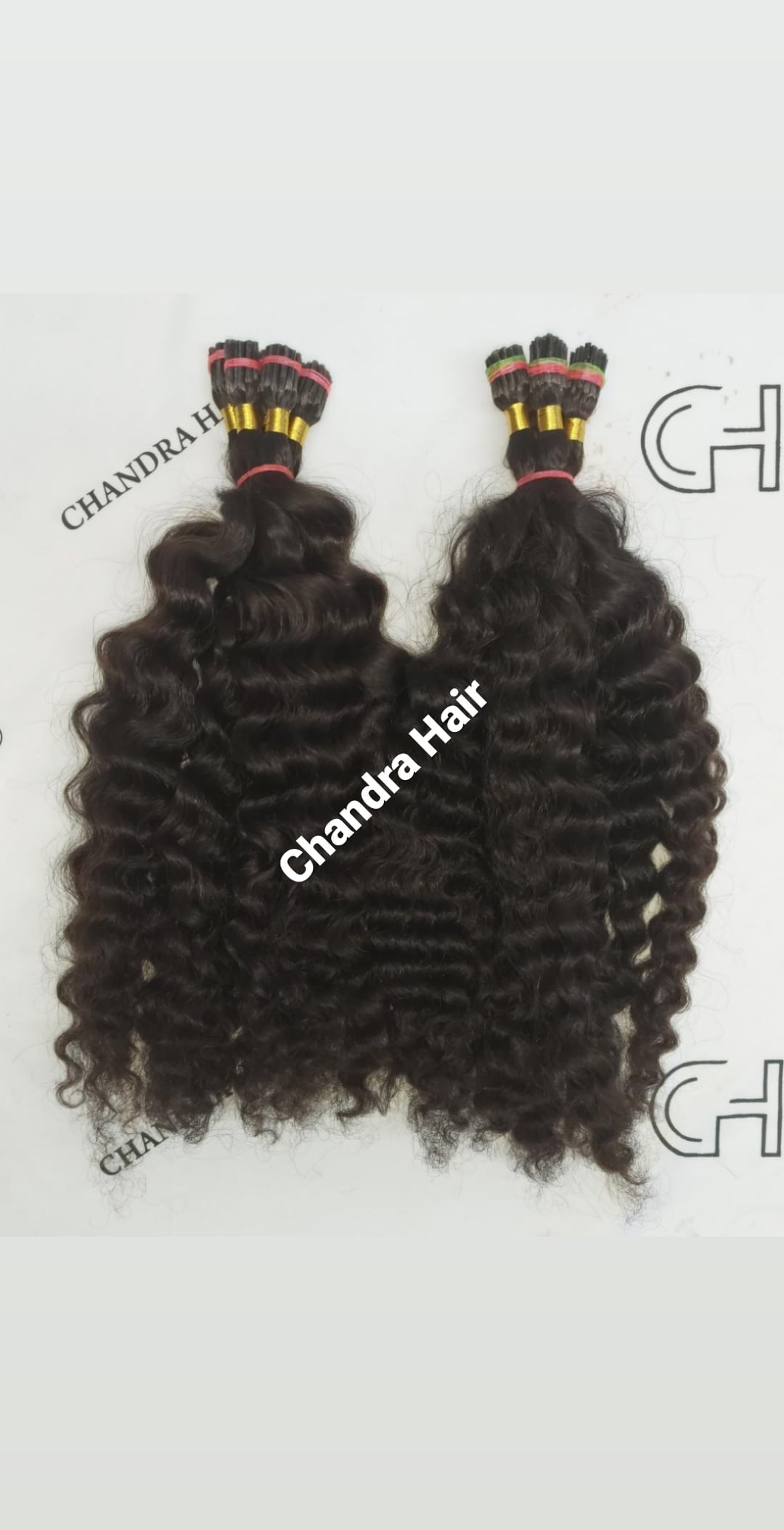 Loose curly unprocessed North Indian hair I-tip strands, another angle