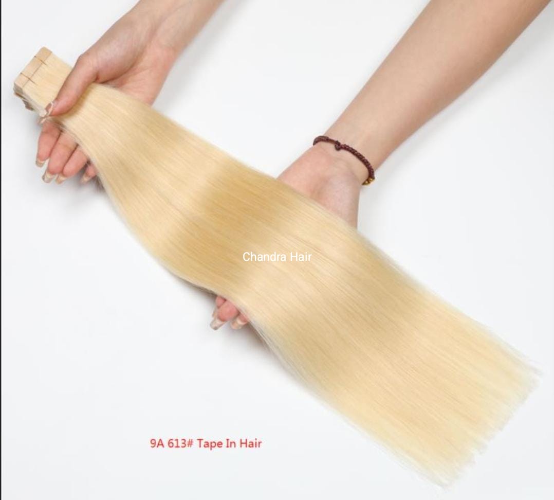 Straight colored 9A+ virgin hair tape-in extensions, full ends, alternate photo