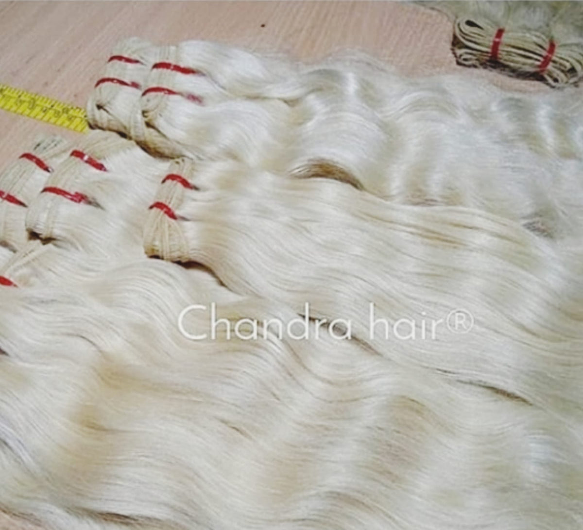 Blonde #613, #27 or #60 raw South Indian weft bundles, another angle