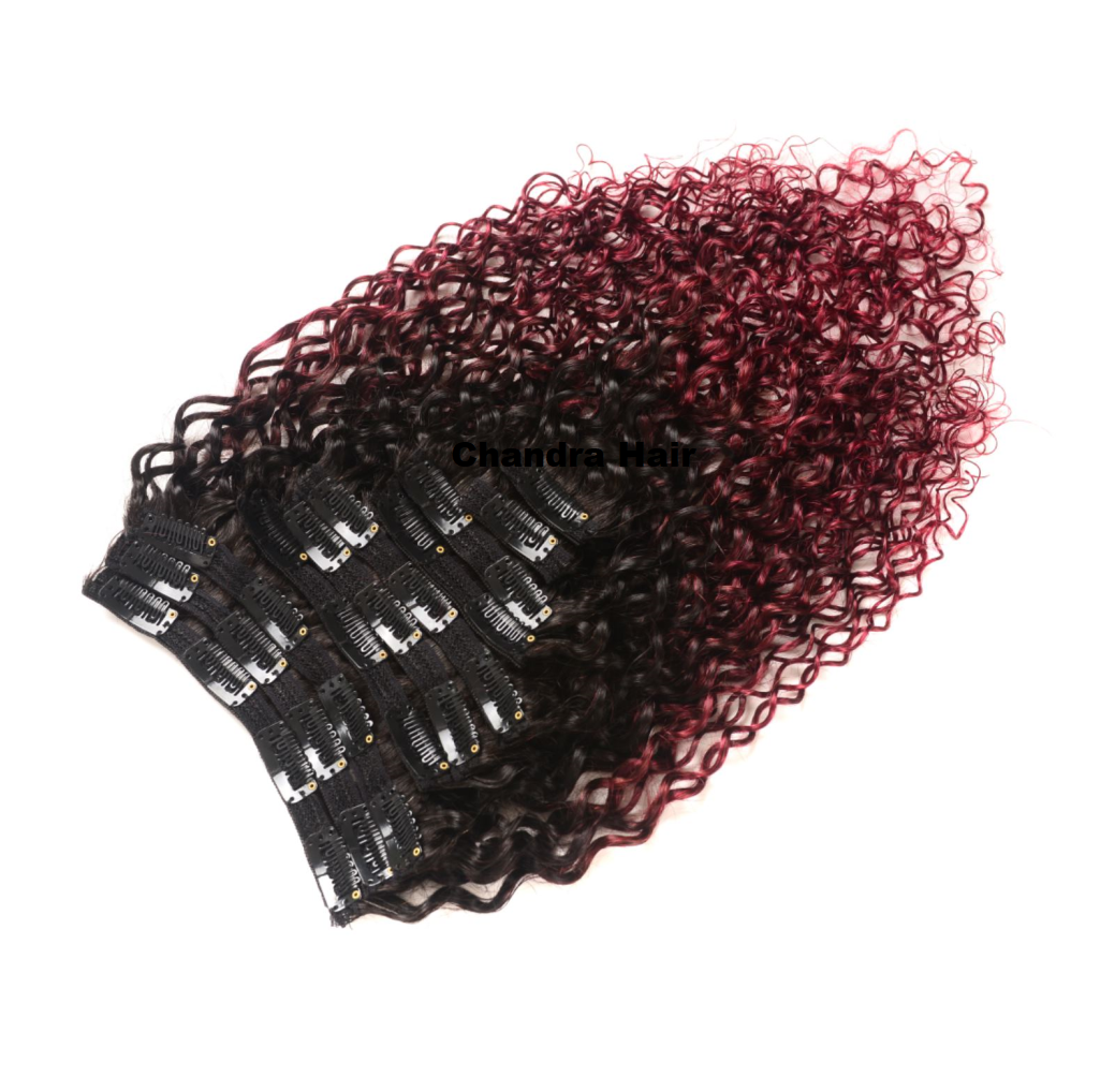 Ombre black-to-burgundy curly Grade 8A clip-in extensions