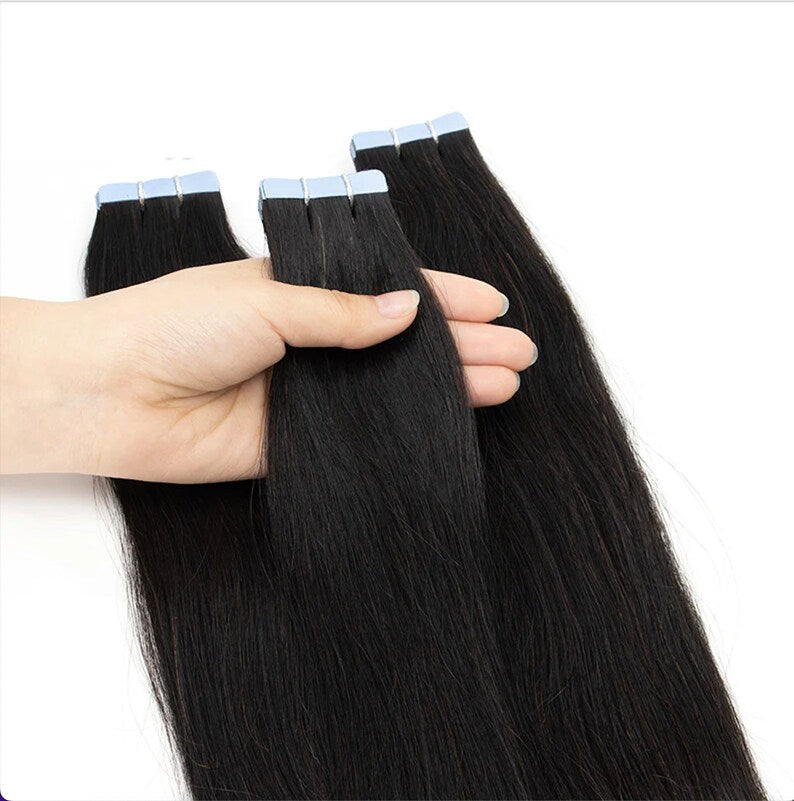 Natural black straight 9A virgin hair tape-in extensions, alternate photo